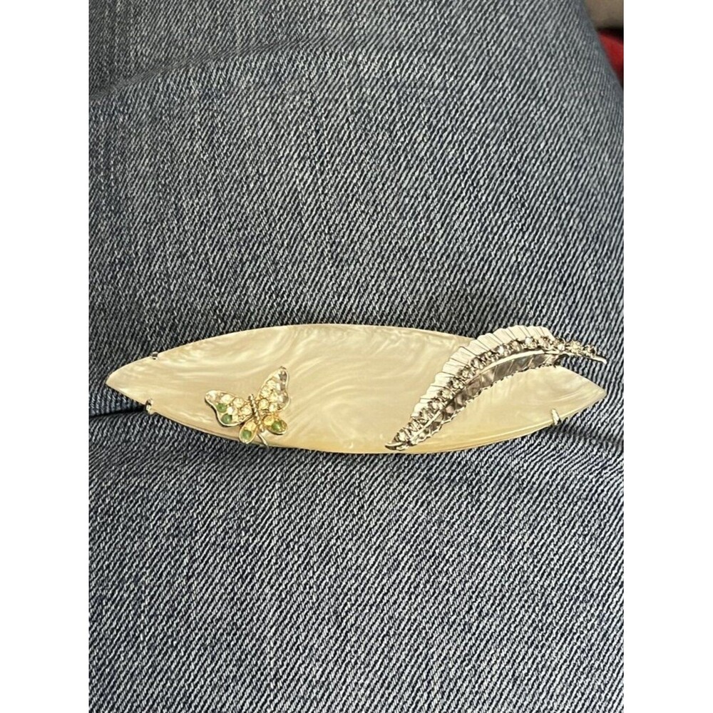 Vintage Mother Pearl Bar Pin Butterfly Feather Rhinestone Brooch